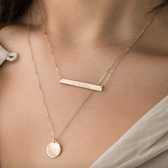 Custom 14k Gold "Serra" Bar Necklace - "INVICTUS" with blackbird - Picture 14 of 15